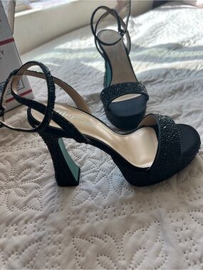 Betsey Johnson Black Beaded Platform Ankle-Strap Heels
